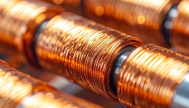 Macro shot of shiny copper wire coils wound tightly around metal cores representing industrial manufacturing and electrical engineering components.
