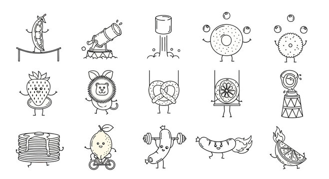 Playful food characters engaged in fun activities set.