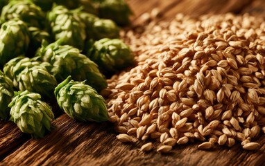 Obraz premium Fresh Green Hop Cones and Malt Barley Grains on Rustic Wooden Brewery Table