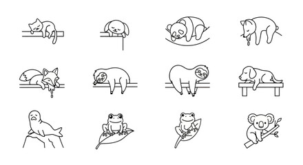 Fototapeta premium Sleeping and lazy animal characters line art doodle.