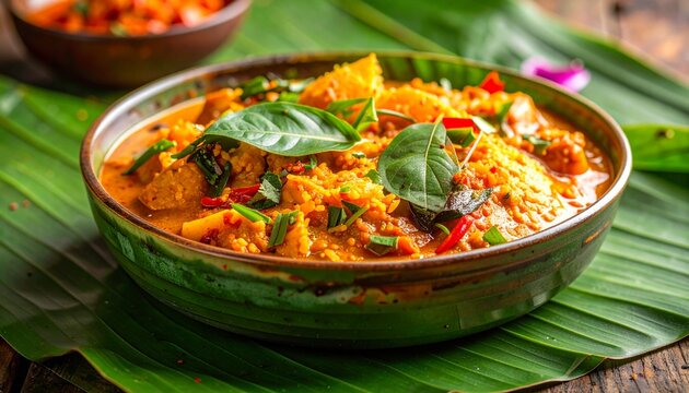 A delicious traditional bowl of spicy curry served on a fresh green banana leaf for a rustic and authentic culinary dining experience.