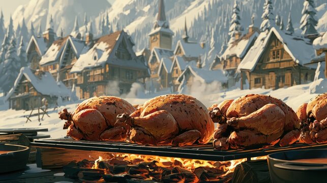 Traditional Roasted Whole Turkeys Cooking Outdoors in Snowy Winter Village