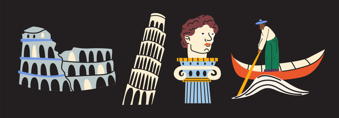 Flat vector illustration of famous Italian travel symbols, historic architectural landmarks and cultural elements on a dark background © luamor