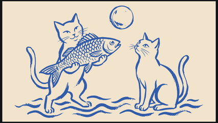 Naklejka premium Stylized line art of two cats with fish and moon above wavy water lines in playful elegant atmosphere