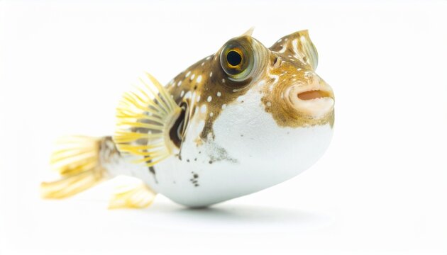 Close up studio portrait of a unique puffer fish swimming against a clean white background showcasing its intricate textures and features.