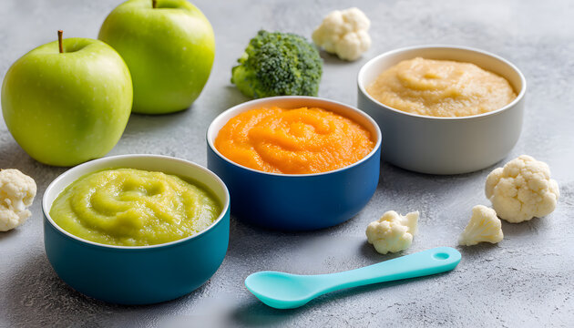 Three bowls of baby food purees, green, orange, and beige, with fresh carrot, broccoli, cauliflower, and apples. A blue spoon rests near small cauliflower pieces, ready for an infant meal.