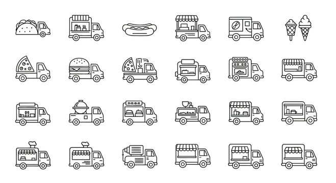 Food Truck Icons: Collection of Mobile Kitchen and Street Food Van Line Art