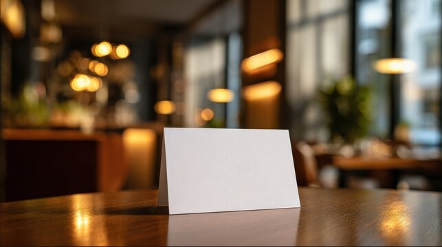White blank tent card standing on a wooden table in a restaurant setting with bokeh lights
