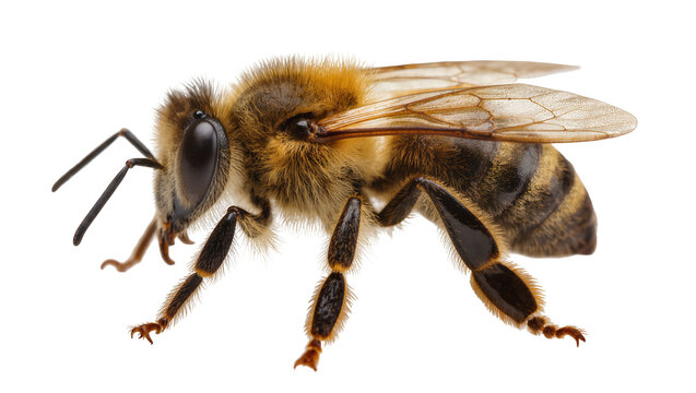 Honey bee with fuzzy body and wings on white
