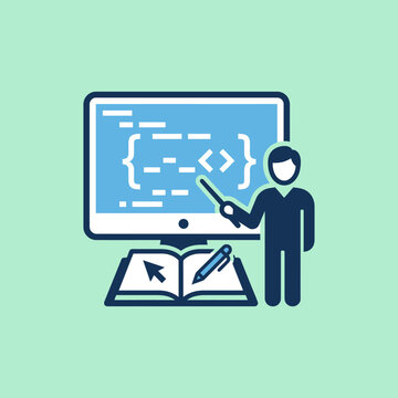 A teacher explains computer coding on a digital screen