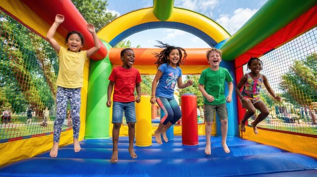 Diverse group of happy children jumping and playing in a colorful inflatable bounce house