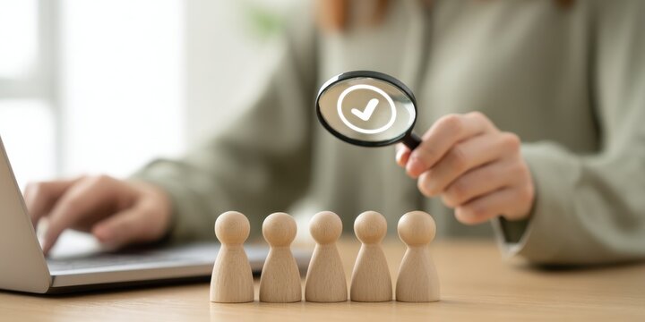 HR recruitment and employee evaluation concept with wooden figures and magnifying glass