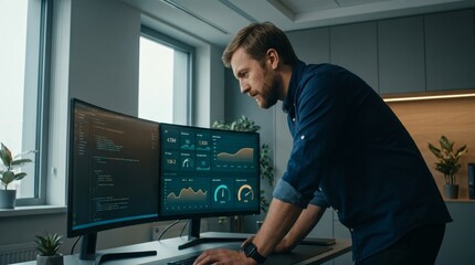 Fototapeta premium Programmer Analyzing Data Charts on Dual Monitors in Bright Office Featuring Developer, Software Engineer, Coding, Computer Programming, Analytics and Workstation