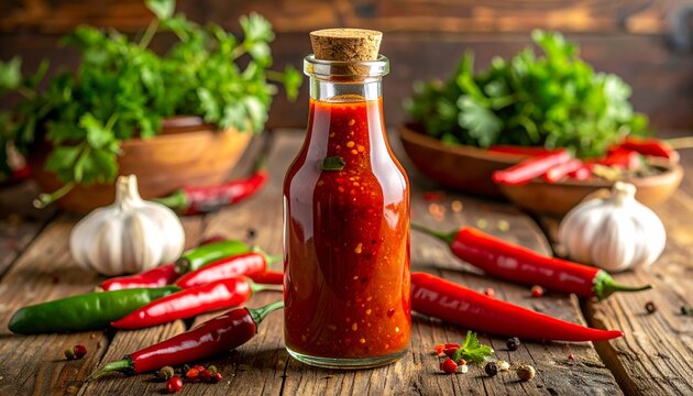 A bottle of spicy chili sauce with organic red peppers and fresh garlic cloves displayed on a rustic wooden table for cooking preparation.