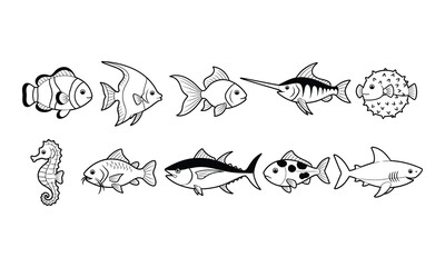 Obraz premium Graphic collection of various sea animals and fish sketches for children creative art.