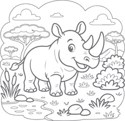 Fototapeta premium Cute Cartoon Rhinoceros in the African Savanna Coloring Page