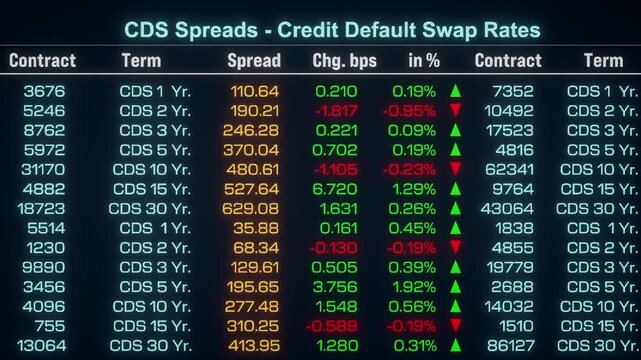 CDS spreads, credit default swap rates, financial derivative to swap credit risk between investors. Leverage, bond obligation, default risk, credit spread, offset risk, volatility, debtor and contract