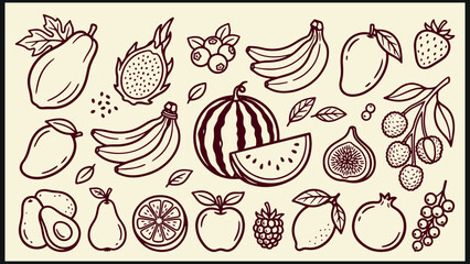 Obraz premium Stylized outline drawing of assorted fruits including papaya dragon fruit banana mango strawberry avocado orange apple raspberry pomegranate fig lychee grapes and watermelon arranged in decorative pat