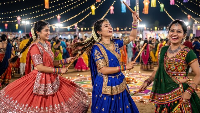 Young Gujarati Women Enjoying Garba During Navratri