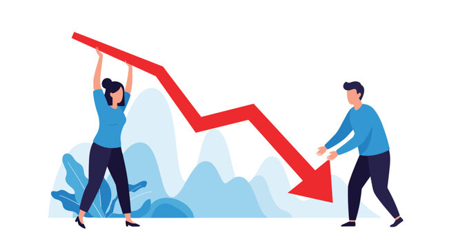 Woman holding a falling red arrow while a man catches it at the bottom, business crisis and economic loss concept.