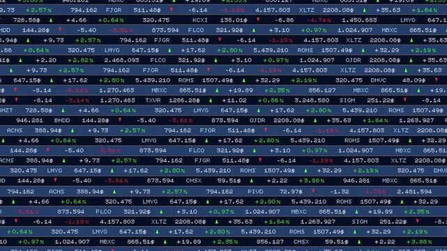 Stock market ticker tape, exchange data, prices, percentage changes and arrows up or down. Trading strategy, market data, business, investment, analyzing data, risk, wealth, financial markets.