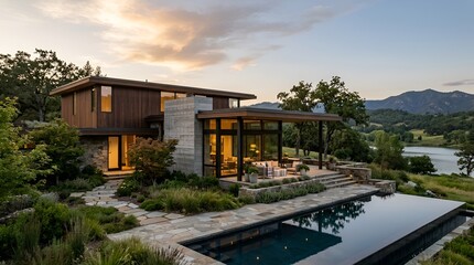 Fototapeta premium Luxury Modern Home with Infinity Pool and Lake View at Sunset