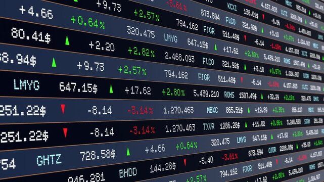 Close-up stock market ticker tape, exchange data, prices, percentage changes and arrows up or down. Trading strategy, market data, business, investment, analyzing data, risk, wealth, financial markets