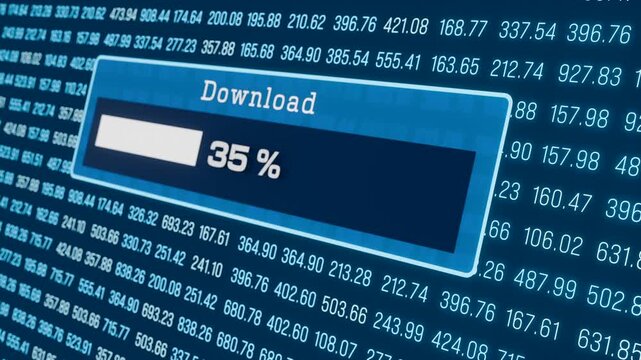 Progress bar downloading data, software or information, big data in the background. Information, internet download, status, mobile device, data storage, processing, digital asset management, business.