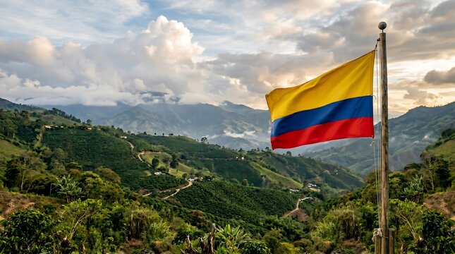 Colombian flag waving over lush green Andean mountains under dramatic cloudy sunset sky wide shot
