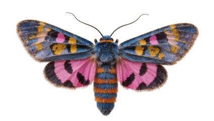 Colorful moth with blue pink orange, and yellow patterned wings © darietta