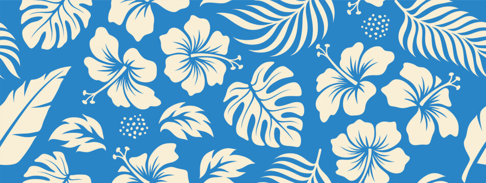 Hand drawn hibiscus flower tropical vector seamless pattern.