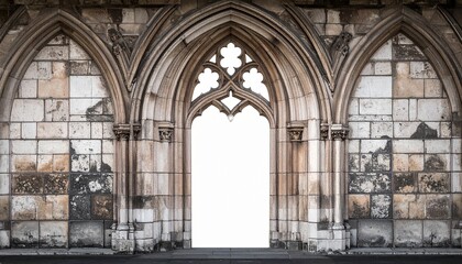 Obraz premium A classic gothic stone archway with intricate architectural details featuring an open doorway with a bright white background for edit overlay.