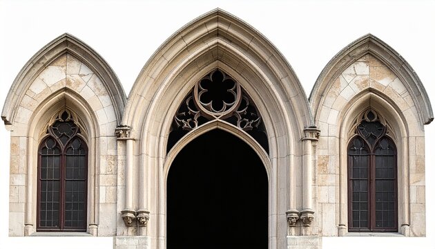 Ornate gothic stone doorway with pointed arches and stained glass windows isolated on a white background showing historical architecture design.