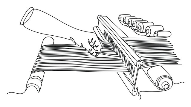 A hand weaving on a loom with yarn.
