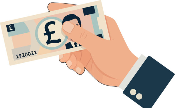 Businessman hand holds a stylized paper currency note representing the British Pound sterling for a financial transaction concept.