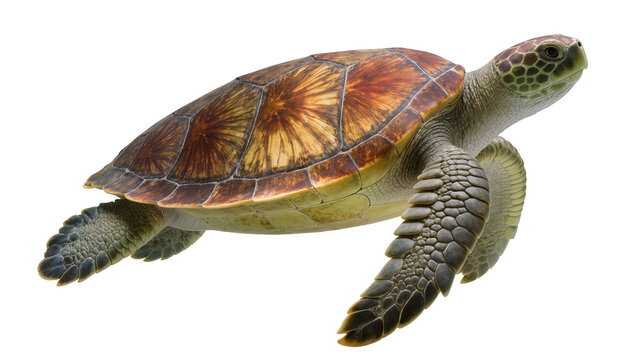 Green sea turtle swimming with patterned shell and scaly skin