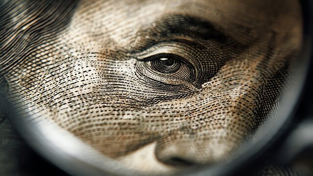 Extreme close-up of Benjamin Franklin's eye on a US hundred-dollar bill, magnified by a lens, symbolizing wealth and financial scrutiny