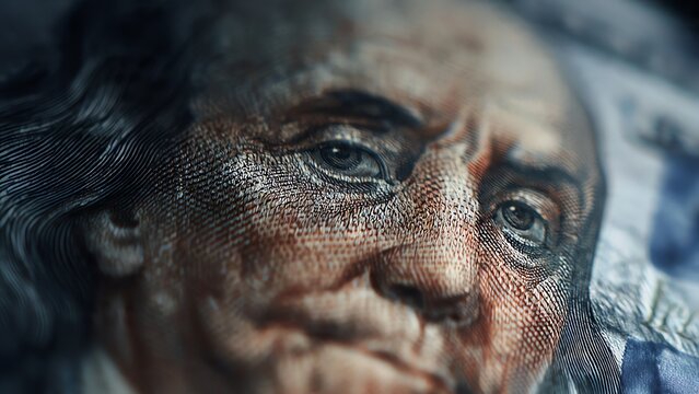 Close-up extreme detail of Benjamin Franklin on a United States one hundred dollar bill showing the texture and imperfections of the currency