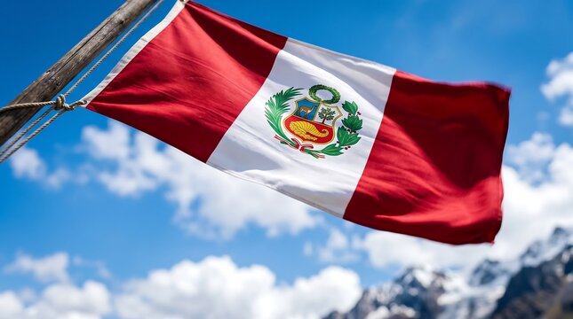 National flag of Peru with coat of arms waving on wooden pole under blue sky
