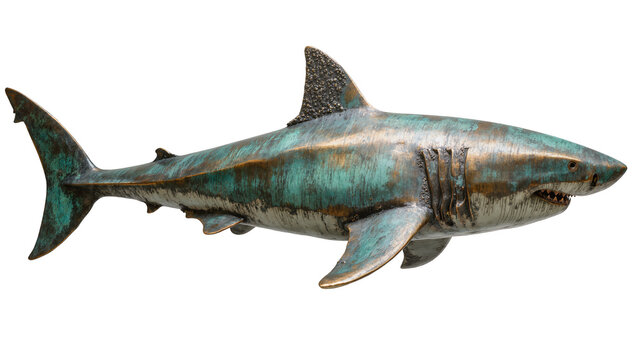 Bronze shark sculpture with verdigris patina