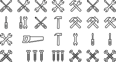 Hardware Repair Tools Line Icon Set Featuring Crossed Screwdrivers Wrenches Hammers Hand Saws and Construction Screws for Maintenance Service Designs © MARKNIS