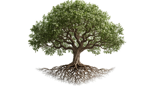 Large deciduous tree with exposed root system and dense green foliage