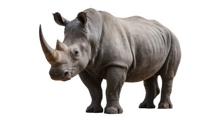 Gray rhinoceros with large horn standing on white © darietta
