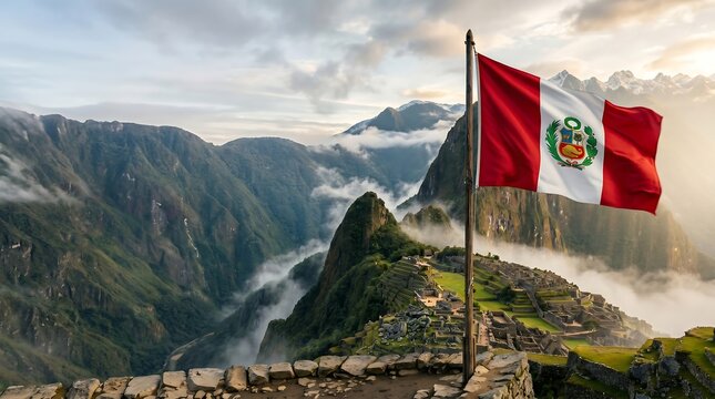 Peruvian flag waving over Machu Picchu ancient ruins with misty Andes mountains in soft daylight background