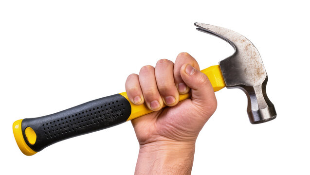 Hand holding claw hammer with yellow and black handle