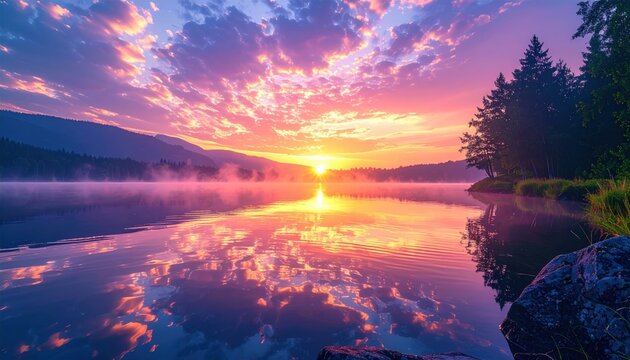 Tranquil lake reflects vibrant sunset, clouds ablaze above silhouetted trees and mountains