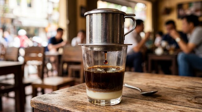 Vietnamese coffee drip robusta condensed milk cafe closeup scene about slow brewing street culture morning ritual local flavor and authentic Hanoi Saigon travel dining for travel culture