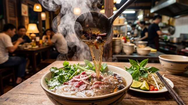 Vietnamese pho broth ladled bowl star anise herbs noodles rich soup closeup scene about traditional cuisine breakfast street food and authentic Hanoi dining for travel culture tourism