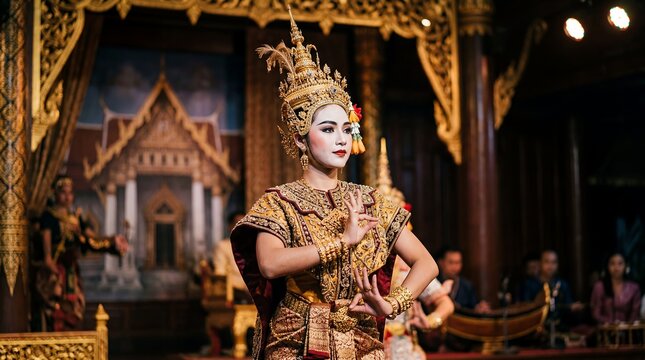 traditional Thai dancer Khon mask ornate costume stage culture scene about royal theatre classical performance heritage mythology and Southeast Asian arts tourism for travel culture