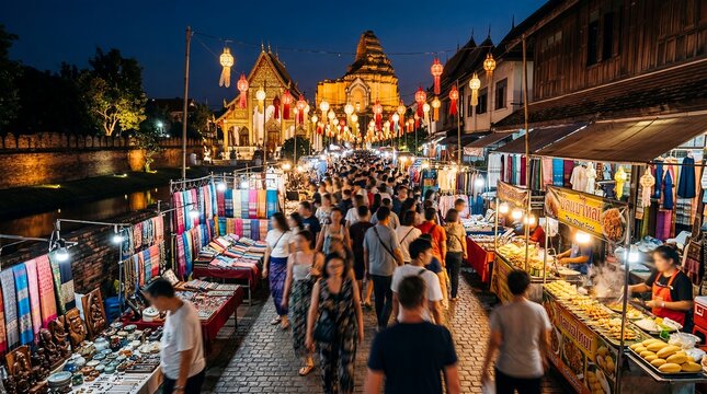 Chiang Mai Sunday night walking street Thailand market lanterns crafts people travel scene about northern Thai culture shopping tourism street food and evening atmosphere for travel